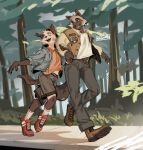 2025 anthro athletic athletic_male biped black_body black_bottomwear black_clothing black_fur black_pants blue_clothing blue_jacket blue_topwear bottomwear brown_body brown_bottomwear brown_clothing brown_footwear brown_fur brown_jacket brown_shoes brown_shorts brown_topwear canid canine canis clothing domestic_dog duo eyes_closed floppy_ears footwear fox fur grey_body grey_fur hemuchang hi_res jacket male mammal muscular muscular_male pants plant platinum_fox red_clothing red_footwear red_fox red_shirt red_shoes red_topwear shirt shoes shorts slim_anthro slim_male topwear tree true_fox walking white_clothing white_shirt white_topwear