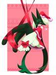  3_fingers 3_toes absurd_res anthro bell bound bow_ribbon breasts butt christmas christmas_clothing christmas_headwear claws clothing cute_fangs eyelashes fangs feet female finger_claws fingers flower_(anatomy) fur generation_9_pokemon green_body green_fur green_tail hands_tied hat headgear headwear heart_symbol hi_res holidays kemokoko mask meowscarada nintendo open_mouth pink_eyes pink_nose pokemon pokemon_(species) santa_dress santa_hat solo tail teeth toes 