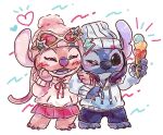 2025 4_fingers 4_toes alien angel_(lilo_and_stitch) antennae_(anatomy) antennae_markings anthro arm_grab barefoot beanie biped blue_beanie blue_bottomwear blue_claws blue_clothing blue_finger_claws blue_hat blue_headwear blue_hoodie blue_nose blue_shorts blue_topwear blush blush_lines bottomwear canon_couple chain_necklace claws clothed clothing cute_fangs dessert disney duo ear_markings electronics experiment_(lilo_and_stitch) eyelashes eyewear eyewear_on_head fangs feet female finger_claws fingers food hand_on_face happy hat headgear headphones headwear heart_symbol hi_res holding_food holding_ice_cream holding_ice_cream_cone holding_object hoodie ice_cream ice_cream_cone jewelry lightning_bolt lilo_and_stitch long_antennae male markings mochigome_(pixiv_112967981) necklace notched_ear open_mouth open_smile pink_beanie pink_bottomwear pink_clothing pink_hat pink_headwear pink_hoodie pink_skirt pink_topwear purple_claws purple_finger_claws purple_markings purple_nose purple_tongue shorts simple_background skirt smile standing star_symbol stitch_(lilo_and_stitch) sunglasses sunglasses_on_head teeth toes tongue topwear white_background