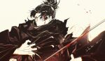  1boy absurdres blood blood_from_forehead blood_on_weapon blood_splatter cloak dated eyeshadow forehead high_ponytail highres kagurabachi katana looking_at_viewer looking_to_the_side makeup male_focus motion_blur parted_bangs ponytail short_bangs short_eyebrows signature simple_background solo spot_color sword upper_body uruha_youji weapon whalebone_1022 