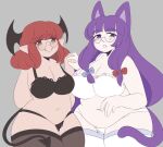  2girls angelicobituary animal_ears bad_id bad_twitter_id black_bra black_panties black_thighhighs blue_bow blush bow bra breasts cat_ears cat_tail cleavage closed_mouth curvy demon_tail glasses head_wings highres holding_hands huge_breasts inactive_account koakuma long_hair medium_hair multiple_girls open_mouth panties patchouli_knowledge plump purple_eyes purple_hair red_bow smile tail thick_thighs thighhighs thighs touhou underwear white_bra white_panties white_thighhighs wings 