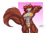  abs anthro biceps bikini breasts canine clothed clothing crown female flexing looking_at_viewer lunardiaries mammal muscles muscular_female pose skimpy smile solo string_bikini swimsuit tight_clothing 