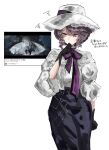  1girl anger_vein black_gloves black_skirt bow bowtie brown_hair chksangyo cowboy_shot felicienne_(reverse:1999) gloves hand_on_own_chin hand_up hat highres long_skirt looking_at_viewer purple_bow purple_bowtie purple_eyes reverse:1999 screenshot_inset shirt shout_lines skirt solo white_background white_hat white_shirt 