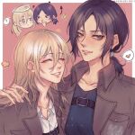  2girls ? arm_around_shoulder black_shirt blonde_hair blue_eyes blush border breasts brown_eyes brown_jacket chibi chibi_inset closed_eyes collared_shirt demon_horns demon_tail drawn_halo drawn_horns drawn_tail freckles hair_between_eyes halo heart highres horns jacket krista_lenz long_hair looking_at_viewer low_ponytail medium_breasts medium_hair military_jacket multiple_girls parted_bangs parted_lips pink_background ponytail puckered_lips shibaruirui shingeki_no_kyojin shirt smile spoken_heart spoken_question_mark tail twitter_username upper_body white_border white_shirt ymir_(shingeki_no_kyojin) yuri 