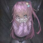  1girl black_skirt blue_eyes elevator from_above full_body hair_ornament hands_on_own_face highres indoors long_hair looking_to_the_side looking_up mdm4 pink_hair pink_sweater skirt solo standing star_(symbol) star_hair_ornament sweater 