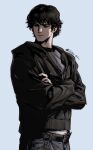  1boy black_pants brown_eyes brown_hair closed_mouth cowboy_shot crew_neck grey_background grey_shirt hashtag-only_commentary highres hood hood_down hooded_jacket jacket long_sleeves looking_to_the_side male_focus pants parted_hair sam_winchester shirt sideways_glance simple_background smile solo supernatural_(tv_series) tatsu_(tatsumccree) twitter_username 