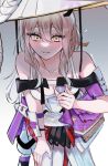  1girl absurdres alcohol blush bodysuit breasts chocore choko_(cup) cleavage commentary_request cup drunk goddess_of_victory:_nikke grey_bodysuit grey_hair hair_between_eyes hat highres holding large_breasts large_hat long_hair looking_at_viewer open_mouth sake scarlet_(nikke) smile solo sword very_long_hair weapon yellow_eyes 