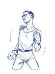  1boy belt buzz_cut clenched_teeth closed_eyes cowboy_shot dancing disco_elysium glasses gloves highres kim_kitsuragi male_focus motion_lines shirt_tucked_in short_hair solo tank_top teeth thatuglymeme very_short_hair 