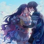  1boy 1girl animal_print armor bandeau bare_shoulders belt bird_print black_belt black_bow black_bridal_gauntlets black_hair black_shorts blue_bandeau blue_cape blue_eyes blue_sky blue_sleeves blue_trim blunt_ends blush bodysuit bouquet bow braid breasts bridal_gauntlets cape cleavage closed_mouth clothing_cutout cloud cloudy_sky collarbone colored_inner_hair couple crown_braid detached_collar earrings eye_contact eyelashes face-to-face falling_leaves fingernails flower frilled_thigh_strap genshin_impact gift_art grey_hair hand_on_another's_face hetero highres hip_vent holding holding_bouquet japanese_armor japanese_clothes jewelry kimono kote kurokote layered_sleeves leaf long_hair looking_at_another medium_breasts multicolored_hair navel oc_x_canon open_mouth original outdoors parted_bangs pink_hair pink_lips pleated_skirt purple_eyes purple_rope purple_sash rope rose sash scaramouche_(genshin_impact) second-party_source short_sleeves shorts sideways_mouth skirt sky smile thigh_strap turtleneck turtleneck_bodysuit very_long_hair wanderer_(genshin_impact) wavy_hair white_flower white_kimono white_mouth white_rose white_skirt white_sleeves white_trim yunhhj 