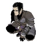  1boy arm_guards armor belt black_eyes black_hair brown_belt brown_gloves closed_mouth commentary_request eyepatch full_body gloves greaves hair_slicked_back kiriha_(wizardry) male_focus narita_imomushi pauldrons shin_guards short_hair shoulder_armor simple_background single_sidelock solo squatting white_background wizardry wizardry_variants_daphne 