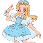  1girl alternate_costume apron blonde_hair blue_apron blue_dress blue_eyes candiirabbitart dress hat highres looking_at_viewer maria_robotnik nurse_cap simple_background solo sonic_(series) white_background 