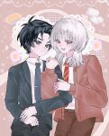  2boys :< :d absurdres akinashi_haru annoyed arm_hug black_hair black_jacket black_pants black_suit blue_necktie blush brown_cardigan brown_pants cardigan collared_shirt cowboy_shot diagonal-striped_clothes diagonal-striped_necktie dress_shirt happy highres jacket lapels looking_at_viewer looking_down male_focus medium_hair multiple_boys necktie pants parted_bangs red_necktie saihate_eki shirt short_hair sitting smile striped_clothes suit suit_jacket tatsunami_shion tinggesu27565 white_hair white_shirt 