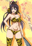  1girl animal_print bikini black_hair blue_eyes branch breasts cleavage club_(weapon) commentary_request cone_horns feet_out_of_frame flower fur_bikini horns infinite_stratos kanabou kuroda_ariake large_breasts long_hair looking_at_viewer orange_background ponytail shinonono_houki solo spiked_club split_ponytail strapless strapless_bikini swimsuit thighhighs tiger_print weapon yellow_bikini yellow_thighhighs 