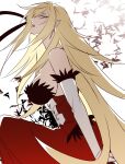  1girl absurdres bare_shoulders bat_(animal) blonde_hair breasts cleavage collarbone commentary_request dansokang dress elbow_gloves feather-trimmed_dress feather-trimmed_gloves feather_trim frilled_dress frills gloves hair_ribbon highres kiss-shot_acerola-orion_heart-under-blade kizumonogatari korean_commentary large_breasts long_hair looking_at_viewer monogatari_(series) oshino_shinobu pointy_ears red_dress ribbon simple_background solo strapless strapless_dress vampire very_long_hair white_gloves yellow_eyes 
