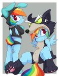  canine costume cute equine female friendship_is_magic hair multi-colored_hair my_little_pony paws pegasus pose rainbow_dash_(mlp) rainbow_hair red_eyes simple_background smile smitty_g solo wings wolf&#039;s_clothing 