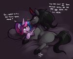  2013 annoyed bed black_hair black_hooves bluntwhiskey couple cuddling equine female feral friendship_is_magic hair hooves horn horse in_bed king_sombra_(mlp) male my_little_pony pillow pony text twilight_sparkle_(mlp) unicorn 