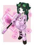  1girl akns_lblb army_in_black bandage_on_face bandages black_shoes border closed_mouth commentary e.g.o_(project_moon) employee_(project_moon) full_body goggles goggles_on_head green_eyes green_hair gun headset heart highres leg_belt lobotomy_corporation long_hair long_sleeves looking_at_viewer microphone necktie night_vision_device nugget_(project_moon) pants pink_(e.g.o) pink_background pink_pants pink_sweater project_moon rifle shirt shoes sidelocks sleeves_past_fingers sleeves_past_wrists smoke smoke_heart smoking_barrel sniper_rifle standing sweater two_side_up weapon white_border white_necktie white_shirt 