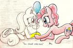  balloon blue_eyes cutie_mark duo english_text equine female feral fluttershy_(mlp) friendship_is_magic fur hair horse mammal my_little_pony open_mouth pegasus pink_fur pink_hair pinkie_pie_(mlp) pony punk-pegasus tears text traditional_media wings yellow_fur 