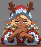  1girl animal_ears antlers applestab blonde_hair brown_eyes deer_girl deltarune dress freckles fur-trimmed_headwear fur_trim furry furry_female grey_background hat highres horns long_hair long_sleeves looking_at_viewer noelle_holiday reindeer_antlers santa_costume santa_dress santa_hat simple_background solo table utdr_(toby_fox) 