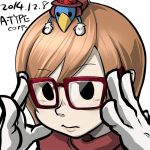  1girl close-up commentary_request dated glasses gloves hat lips matsu_(a-type_corp) on_head orange_hair peacock_(skullgirls) portrait red-framed_eyewear red_hat signature skullgirls solid_oval_eyes solo white_gloves 