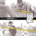  1boy 1girl alternate_body_size arknights arknights:_endfield cable coat coat_on_shoulders crossed_arms endministrator_(arknights) english_commentary engrish_commentary greyscale head_wings long_hair male_endministrator_(arknights) monochrome off_shoulder onion_holic open_mouth perlica_(arknights) smile spot_color wings you're_doing_it_wrong 