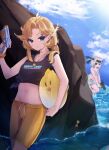  2girls bikini black_shirt blonde_hair blue_eyes blue_sky breasts cleavage cloud densetsu.exe dokibird dragoon_(dokibird) fang green_bikini highres holding holding_water_gun indie_virtual_youtuber looking_at_viewer mint_fantome multiple_girls navel orange_shorts pointy_ears shirt shorts skin_fang sky small_breasts swimsuit tundrea virtual_youtuber wading water water_gun 