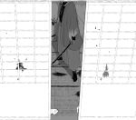  1boy blood blood_on_ground blood_on_wall commentary dual_wielding fate/grand_order fate_(series) fusuma greyscale hakama head_out_of_frame headband headband_around_neck highres holding japanese_clothes katana kimono monochrome saitou_hajime_(fate) saitou_hajime_(third_ascension)_(fate) sayo_(38b_c0) sliding_doors solo striped_hakama sword tatami unsheathed unworn_headband weapon 