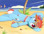  beach beach_ball bikini bracelet cutie_mark equine eyewear female friendship_is_magic hair horse jewelry multi-colored_hair my_little_pony navel pegasus pony rainbow_dash_(mlp) rainbow_hair red_eyes sea seaside smile smitty_g soda solo sunglasses swimsuit tight_clothing water wings 