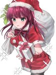  1girl :d absurdres alternate_costume angel_beats! aqua_eyes black_pantyhose blunt_bangs blush bow bowtie box breasts capelet christmas commentary cowboy_shot dress dual_wielding eyelashes floating_hair fur-trimmed_capelet fur-trimmed_dress fur-trimmed_headwear fur_trim gift gift_box green_bow hair_bow hands_up hat highres holding holding_gift holding_sack incoming_gift long_hair looking_at_viewer medium_breasts nakamura_yuri open_mouth pantyhose plaid_bow plaid_bowtie plaid_clothes pom_pom_(clothes) purple_hair red_bow red_bowtie red_capelet red_hat sack santa_costume santa_dress santa_hat simple_background smile solo sparkle tsurime user_vkcr5455 v-shaped_eyebrows white_background 