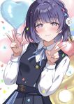  1girl balloon blue_ribbon blue_skirt blue_vest blush closed_mouth collared_shirt commentary_request confetti double_v flower gakuen_idolmaster hair_flower hair_ornament hataya_misuzu heart_balloon highres idolmaster long_sleeves looking_at_viewer mole mole_under_mouth nail_polish neck_ribbon purple_eyes purple_hair ribbon shirt short_hair skirt smile solo tassel tassel_hair_ornament upper_body v vest wds666 white_shirt 