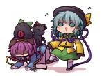  2girls animal_ears black_hat blue_shirt blush brown_shoes cat_ears cat_tail commentary_request dog_ears fake_animal_ears green_eyes green_hair green_skirt hair_between_eyes hair_ornament hairband hat hat_ribbon heart heart_hair_ornament heart_of_string highres kaenbyou_rin kaenbyou_rin_(cat) kneeling komeiji_koishi komeiji_satori leash long_sleeves lying multiple_girls musical_note nervous_sweating on_back one-hour_drawing_challenge open_mouth pink_hair pink_skirt reiuji_utsuho reiuji_utsuho_(bird) ribbon shirt shoes short_hair siblings simple_background sisters skirt socks standing string sweat tail third_eye touhou triangle_mouth unime_seaflower white_background white_socks yellow_ribbon 