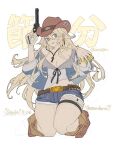  1girl ammunition blonde_hair blue_eyes blue_shorts blush boots breasts brown_boots brown_hat colt_single_action_army commentary_request cowboy_boots cowboy_hat cowgirl_(western) cutoffs denim denim_shorts finger_on_trigger gun handgun_cartridge hat highres iowa_(kancolle) iowa_(setsubun)_(kancolle) kantai_collection large_breasts long_hair looking_at_viewer official_alternate_costume oso_(toolate) revolver shirt shorts solo star-shaped_pupils star_(symbol) striped_clothes striped_shirt symbol-shaped_pupils thigh_strap translation_request weapon 