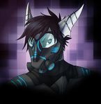  abstract_background anthro armor black_hair blue_eyes blue_markings cetacean clothed clothing dolphin ear_piercing fish gas_mask hair looking_up male mammal marine markings piercing piranhapettingzoo purple_background riptide riptideshark shark suit 