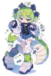  1girl :d absurdres bandaid bandaid_on_leg black_bow black_collar black_shirt blue_shorts blush_stickers bow buttons chain collar commentary_request cotono_(nazekun) dragon full_body fur-trimmed_shorts fur-trimmed_socks fur_trim green_hair green_nails green_socks hair_bow hands_up highres jacket kneehighs long_sleeves looking_at_viewer nail_polish open_clothes open_jacket open_mouth orange_eyes original sharp_teeth shirt shoes short_hair shorts signature simple_background sleeves_past_wrists smile sneakers socks solo spiked_collar spikes standing star_(symbol) teeth two_side_up watermark white_background white_jacket white_shoes 