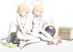  2girls :3 absurdres animal_ear_helmet animal_helmet bare_shoulders barefoot blonde_hair blue_archive bodysuit bow cat_helmet cat_tail commentary covered_navel feet full_body green_eyes green_halo green_socks halo heater helmet highres jacket kabanoki looking_at_viewer midori_(battlesuit)_(blue_archive) midori_(blue_archive) momoi_(battlesuit)_(blue_archive) momoi_(blue_archive) multiple_girls official_alternate_costume open_mouth pink_halo pink_socks red_eyes short_hair siblings simple_background sisters sleeveless sleeveless_bodysuit socks soles tail toes twins unworn_headwear unworn_helmet unworn_jacket unworn_socks white_background white_bodysuit 