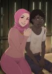  1boy 1girl black_hair black_shorts brown_eyes brown_shirt dark-skinned_male dark_skin highres hijab hijabolic indoors looking_at_viewer original pants pink_hijab pink_pants shirt short_sleeves shorts sitting very_dark_skin white_shirt 