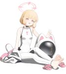  1girl :3 absurdres animal_ear_helmet animal_helmet bare_shoulders barefoot blonde_hair blue_archive bodysuit cat_helmet commentary covered_navel feet full_body halo highres jacket kabanoki momoi_(battlesuit)_(blue_archive) momoi_(blue_archive) official_alternate_costume open_mouth pink_eyes pink_halo pink_socks simple_background sleeveless sleeveless_bodysuit socks soles solo toes unworn_jacket unworn_socks white_background white_bodysuit 