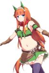  1girl absurdres animal_ears armband bandana bandeau bare_shoulders black_thighhighs blue_eyes blunt_bangs blush breasts brown_gloves closed_mouth colt_single_action_army commentary_request cosplay cowboy_hat ear_covers gloves green_armband green_bandeau green_skirt gun hair_ornament hairband hat hat_on_back highres hime_cut holstered horse_ears horse_girl horse_tail kanzakietc long_hair looking_at_viewer midriff navel orange_hair orange_tail purple_thighhighs red_bandana revolver sheriff_badge silence_suzuka_(umamusume) simple_background skirt small_breasts solo star_(symbol) stomach taiki_shuttle_(umamusume) taiki_shuttle_(umamusume)_(cosplay) taiki_shuttle_(wild_frontier)_(umamusume) tail thighhighs umamusume weapon white_background white_hairband 
