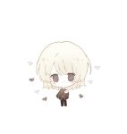  1boy arm_at_side black_pants blush brown_cardigan brown_eyes cardigan chibi chibi_only chinese_commentary collared_shirt commentary_request diagonal-striped_clothes diagonal-striped_necktie dress_shirt full_body hand_up heart highres legs_apart male_focus necktie no_mouth pants saihate_eki shirt simple_background solo sparkle standing striped_clothes tatsunami_shion white_background white_hair white_shirt xinjinjumin8725928 