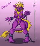  4_fingers 4_toes abs ankle_cuffs anthro areola barefoot behemoth big_areola big_breasts big_hands blonde_hair breasts chain chest_tuft cuffs cute dragon female front fur gradient_background grin hair height_chart horn looking_at_viewer monster muscles muscular_female naughty_face navel nipples nude paws pose pubes purple_fur pussy red_eyes scalie seductive slit_pupils smile solo standing stardust tail_tuft thick_thighs tuft wyntersun yaita 