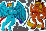  animewave anthro anthrofied applejack_(mlp) big_breasts big_nipples blonde_hair blue_feathers blue_fur blush breasts claws comic cowboy_hat equine feathers female fetlocks friendship_is_magic fur green_eyes grey_background hair hat hooves horn horse huge_breasts hybrid mammal monster multi-colored_hair multiple_tails muscles muscular_female my_little_pony nipples no_dialogue nude open_mouth orange_fur pegasus plain_background pony pussy rainbow_dash_(mlp) surprise taur transformation wings 