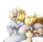  bestiality blonde_hair blush derpy_hooves_(mlp) equine eyes_closed female feral fingering friendship_is_magic from_behind fur grey_fur hair horse human interspecies lying mammal mixipony my_little_pony pegasus penetration plain_background pony pussy pussy_juice spread_legs spreading vaginal vaginal_penetration wings 