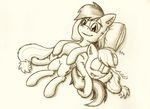  applejack_(mlp) cutie_mark duo english_text equine female feral friendship_is_magic hair horse lying mammal monochrome multi-colored_hair my_little_pony on_back pegasus pillow pony punk-pegasus rainbow_dash_(mlp) sleeping text traditional_media wings 