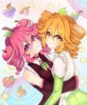 2girls absurdres apple blonde_hair drill_hair dual_persona eyelashes food food-themed_hair food-themed_hair_ornament frills fruit grapes hair_ornament highres hug kasane_teto lambt0ast leaf_hair_ornament long_sleeves looking_at_viewer multiple_girls orange_hair pear pink_hair twin_drills utau yellow_eyes 