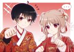  ... 1boy 1girl ahoge black_hair brown_eyes brown_hair chinese_clothes chinese_commentary clenched_hand closed_mouth commentary_request gradient_background hair_ornament hair_rings hand_up hanfu highres jiaoling_ruqun lemiyou long_sleeves looking_at_viewer original red_background red_eyes shirt short_hair shuangyaji sidelocks smile sparkle spoken_ellipsis upper_body yesa_robe 