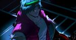  1boy biker_(hotline_miami) blue_hair closed_mouth collarbone commentary crew_neck english_commentary green_headband hair_over_one_eye headband highres hood hood_down hooded_jacket hotline_miami jacket jewelry looking_at_viewer looking_up male_focus motor_vehicle motorcycle necklace one_eye_covered open_clothes open_jacket purple_jacket shirt sleeveless sleeveless_jacket solo tatsu_(tatsumccree) unzipped white_shirt zipper 