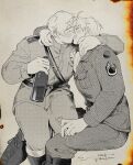  2026 2boys ahoge alcohol america_(hetalia) arm_around_neck artist_name ascot axis_powers_hetalia baggy_pants belt blush boots bottle breast_pocket buttons closed_eyes closed_mouth commentary fingernails from_side greyscale hair_between_eyes hands_up highres holding holding_bottle jacket kiss lapels long_sleeves male_focus medal military military_jacket military_uniform monochrome multiple_boys open_mouth pants pocket qia_li russia_(hetalia) scarf shirt short_hair simple_background sitting smile soviet_army symbol-only_commentary united_states_army vodka yaoi 