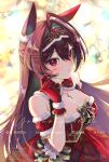  1girl animal_ears arm_garter blush breasts brown_hair cleavage closed_mouth commentary_request daiwa_scarlet_(scarlet_nuit_etoile)_(umamusume) daiwa_scarlet_(umamusume) dress ear_covers fur-trimmed_dress fur-trimmed_gloves fur_armlet fur_trim gloves hair_between_eyes hair_intakes highres horse_ears horse_girl large_breasts long_hair official_alternate_costume red_dress red_eyes red_gloves santa_costume santa_dress single_ear_cover solo tiara umamusume very_long_hair y_kuroki 
