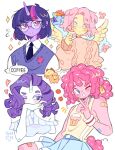  4girls alternate_costume alternate_hair_length alternate_hairstyle applejack black_necktie blue_eyes blue_skirt blunt_bangs bob_cut bug butterfly chibi chibi_inset cloud colored_skin commentary cupcake_print curly_hair english_commentary eyeshadow feathered_wings fluttershy glasses highres long_hair looking_at_viewer makeup mane_six_(my_little_pony) multicolored_hair multiple_girls my_little_pony my_little_pony:_friendship_is_magic necktie one_eye_closed personification pink_hair pink_skin pink_sweater pinkie_pie pony_(animal) purple_eyes purple_eyeshadow purple_hair purple_sweater_vest rainbow_dash rarity_(my_little_pony) round_eyewear sharpycharot shirt short_hair simple_background skirt streaked_hair sweater sweater_vest tank_top twilight_sparkle unicorn_girl unicorn_horn v white_background white_shirt white_skin wings yellow_skin yellow_tank_top 