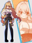  1girl absurdres ahoge asymmetrical_clothes black_leotard black_pants black_thighhighs blonde_hair blush boots braid breasts closed_mouth commentary covered_navel cropped_jacket drop_shadow full_body grey_background hair_between_eyes hand_on_own_hip highres jacket jingburger korean_commentary leotard long_hair long_sleeves looking_at_viewer low_twintails medium_breasts ohun pants puffy_long_sleeves puffy_sleeves red_eyes single_pantsleg single_thighhigh sleeves_past_wrists smile solo standing thigh_boots thighhighs twin_braids twintails very_long_hair virtual_youtuber waktaverse white_jacket zoom_layer 